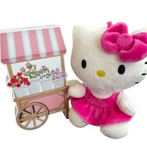 SANRIO Pink and White Hello Kitty Stuffed Animal Plush & Wooden Shop Decor Stand